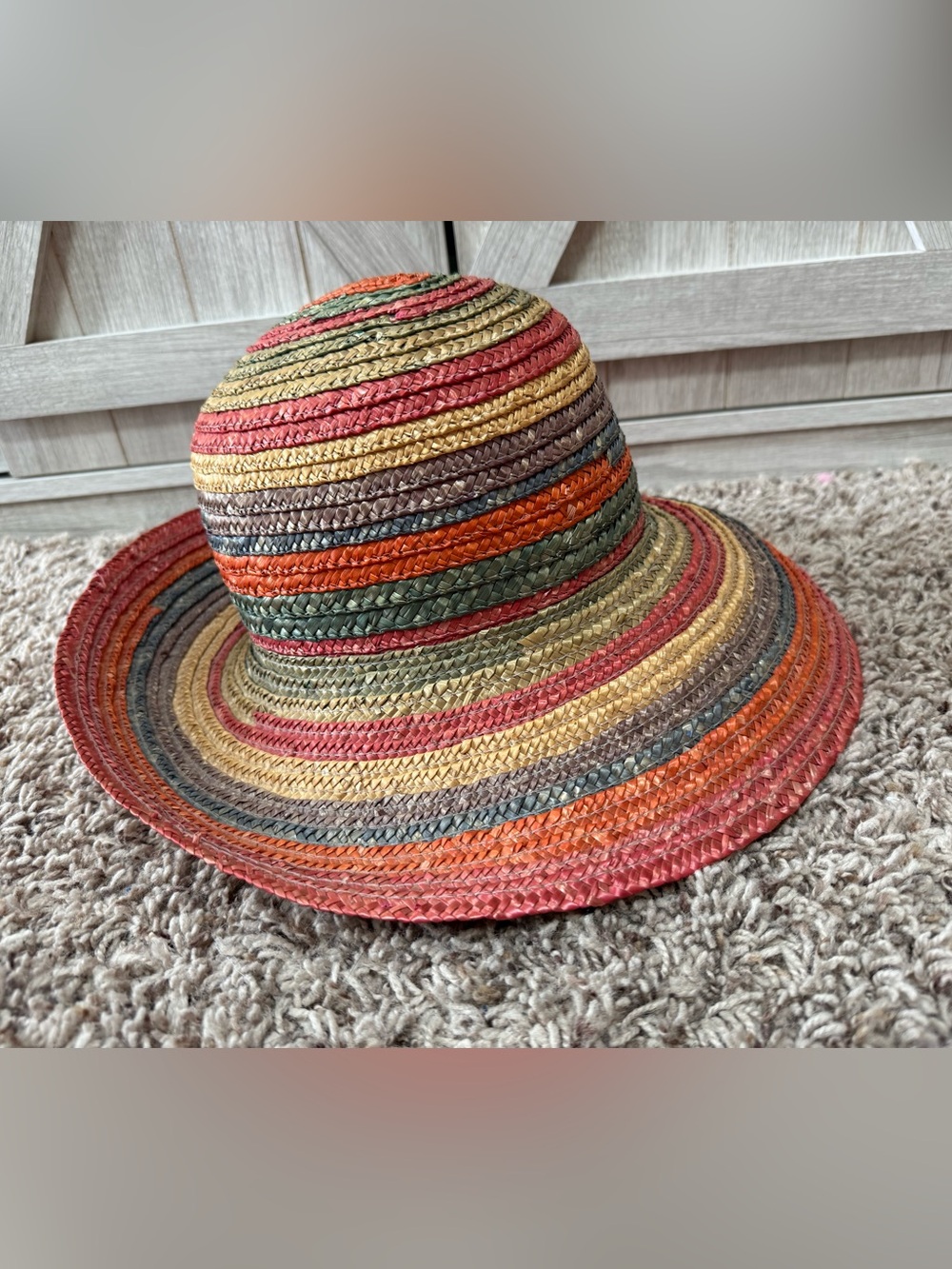 Straw rainbow striped beach wide brim hat- so colorful! Adult size